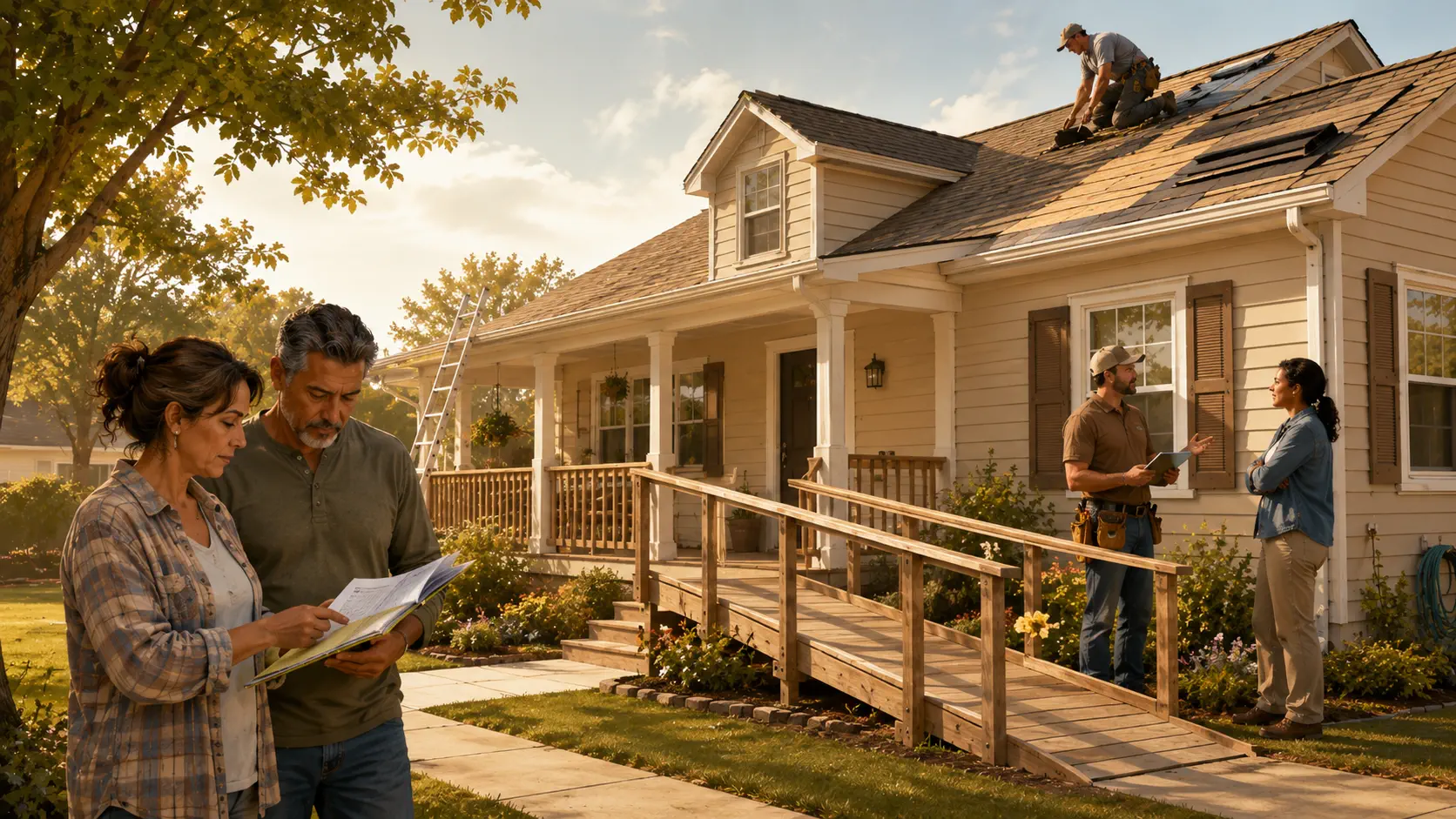 A simple home repair planning scene with a house, checklist, and tools